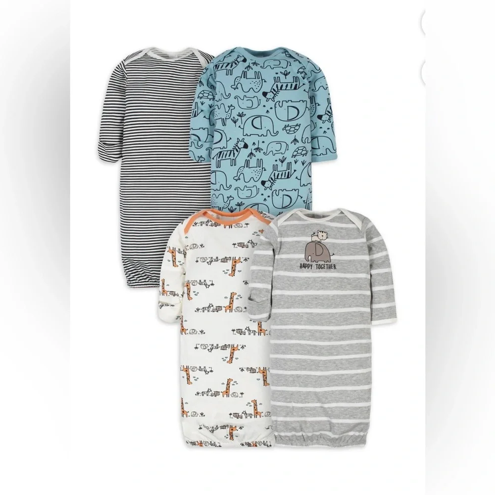 Gerber Baby 4-Pack Sleep Gowns Jungle Safari Animals 0-6m w/Mitten Cuffs NWT